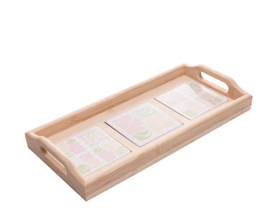 Bandeja de bambu com alça - floral